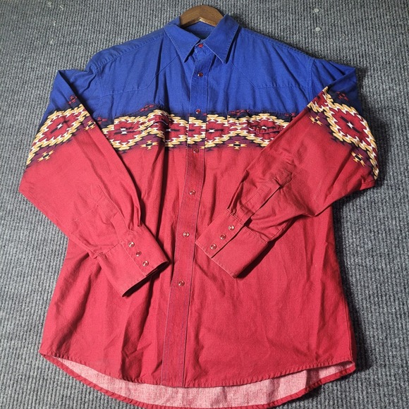 Vintage Wrangler Shirt Mens Large Red‎ Pearl Snap Aztec Western Cowboy